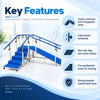 metallic corner stair case with ramp key features including integrated ramp, adjustable handrails, non-slip surface, graduated steps and sturdy powder-coated frame