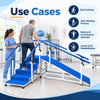 metallic corner stair case with ramp featuring blue steps, inclined ramp, adjustable handrails and sturdy rehabilitation frame