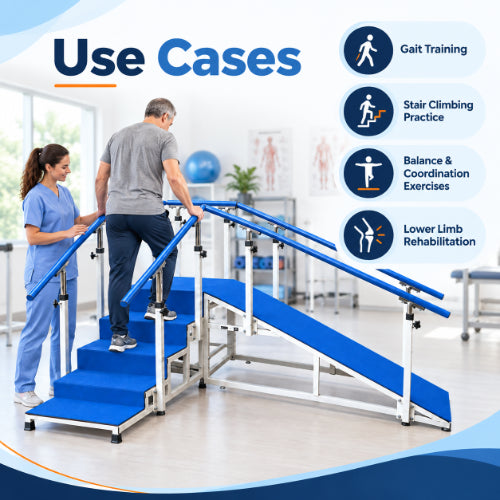 metallic corner stair case with ramp featuring blue steps, inclined ramp, adjustable handrails and sturdy rehabilitation frame