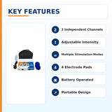 mini tens 2 channel machine key features with adjustable intensity 4 electrode pads and portable design
