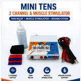mini tens 2 channel muscle stimulator machine with electrode pads lead wires gel bottle and elastic band