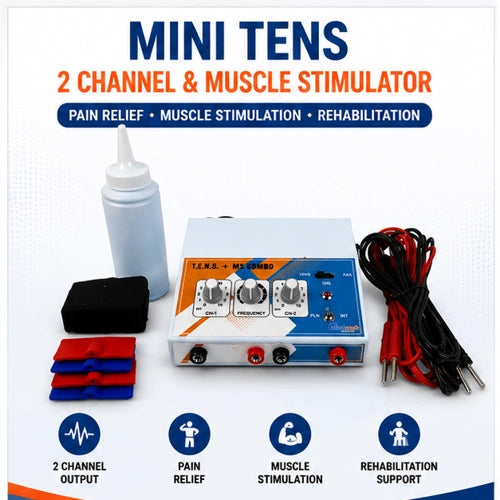 mini tens 2 channel muscle stimulator machine with electrode pads lead wires gel bottle and elastic band