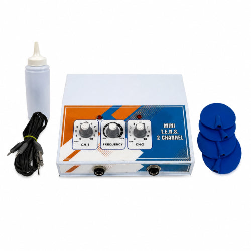 mini tens 2 channel portable electrotherapy machine with electrode pads cables and accessories