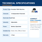 mini tens 2 channel portable machine technical specifications with adjustable intensity and 4 electrode pads