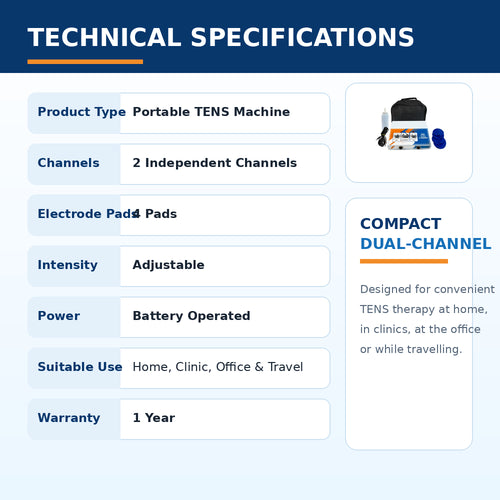 mini tens 2 channel portable machine technical specifications with adjustable intensity and 4 electrode pads