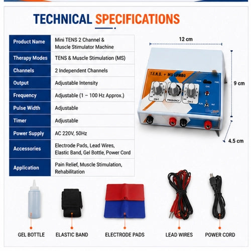 mini tens technical specifications with 2 independent channels adjustable frequency lcd controls and complete accessories