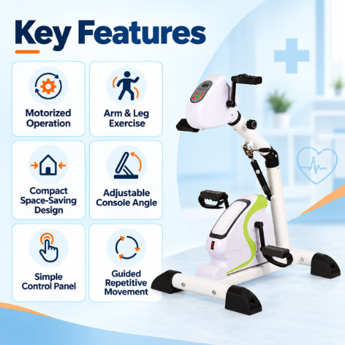 motorized electric mini exerciser key features including arm and leg exercise, adjustable console angle, simple controls and guided repetitive movement