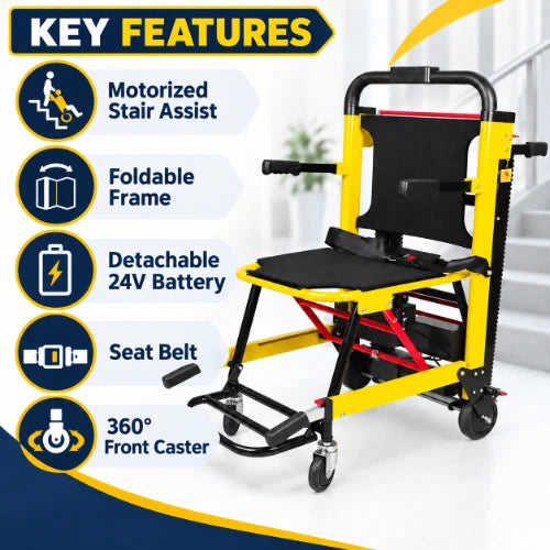 motorized stair climbing wheelchair key features including motorized stair assist, foldable frame, detachable 24v battery, seat belt and 360 degree front caster