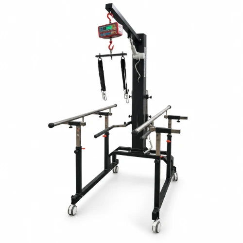 motorized gait trainer single motor with body weight support, adjustable parallel bars, lifting harness and braked castor wheels