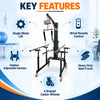 motorized gait trainer key features including single motor lift, wired remote control, padded adjustable harness, heavy-duty steel frame and four braked castors