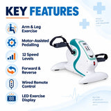 motorized pedo cycle key features including arm and leg exercise, motor-assisted pedalling, 12 speed levels, forward and reverse rotation, wired remote control and led display