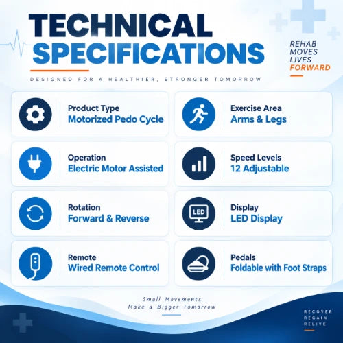 motorized pedo cycle technical specifications showing electric motor-assisted operation, 12 adjustable speed levels, forward and reverse rotation, wired remote and led display