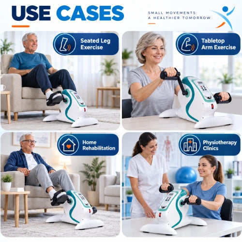 motorized pedo cycle use cases for seated leg exercise, tabletop arm exercise, home rehabilitation and physiotherapy clinic use
