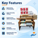 multi activities occupational therapy work station key features including upper extremity training, hand and wrist skills, functional activity practice and hand-eye coordination tasks