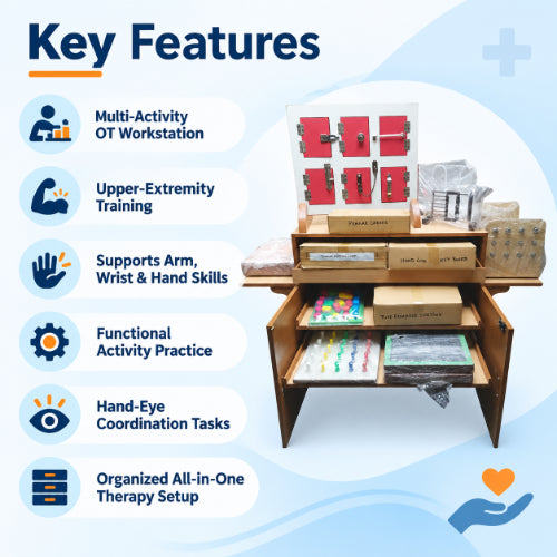 multi activities occupational therapy work station key features including upper extremity training, hand and wrist skills, functional activity practice and hand-eye coordination tasks