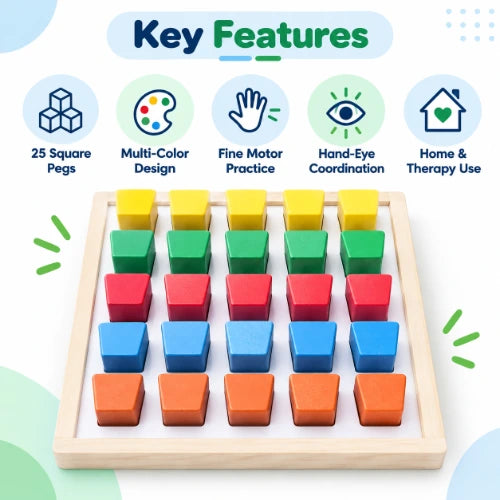 multi color square peg board key features including 25 square pegs, multicolor design, fine motor practice, hand-eye coordination and home or therapy use