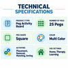 multi color square peg board technical specifications showing 25 square pegs, multicolor design, placement, removal, matching and sorting activities