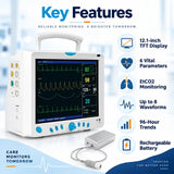 multiparameter patient monitor key features including 12.1 inch tft display, 6 vital parameters, etco2 monitoring, up to 8 waveforms, 96-hour trends and rechargeable battery