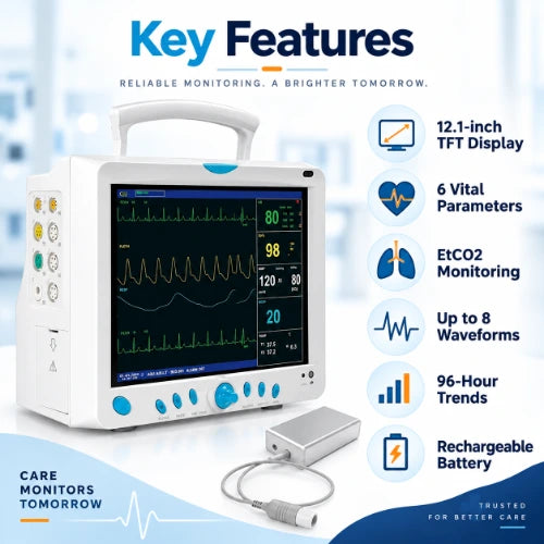 multiparameter patient monitor key features including 12.1 inch tft display, 6 vital parameters, etco2 monitoring, up to 8 waveforms, 96-hour trends and rechargeable battery