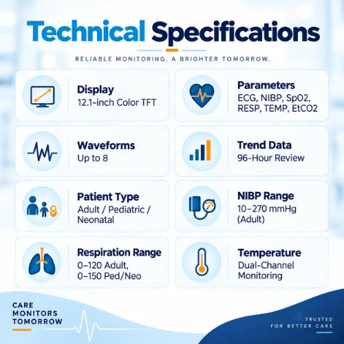 multiparameter patient monitor technical specifications showing ecg, nibp, spo2, respiration, temperature and etco2 parameters with adult, pediatric and neonatal monitoring support