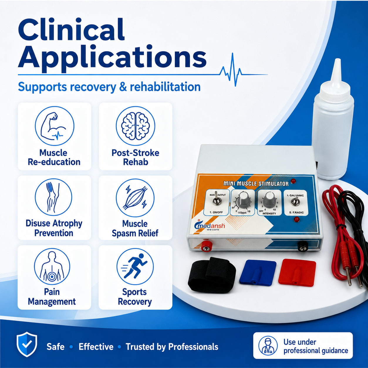 Medansh Muscle Stimulator Machine – clinical applications: muscle re-education, post-stroke rehab, disuse atrophy prevention, spasm relief