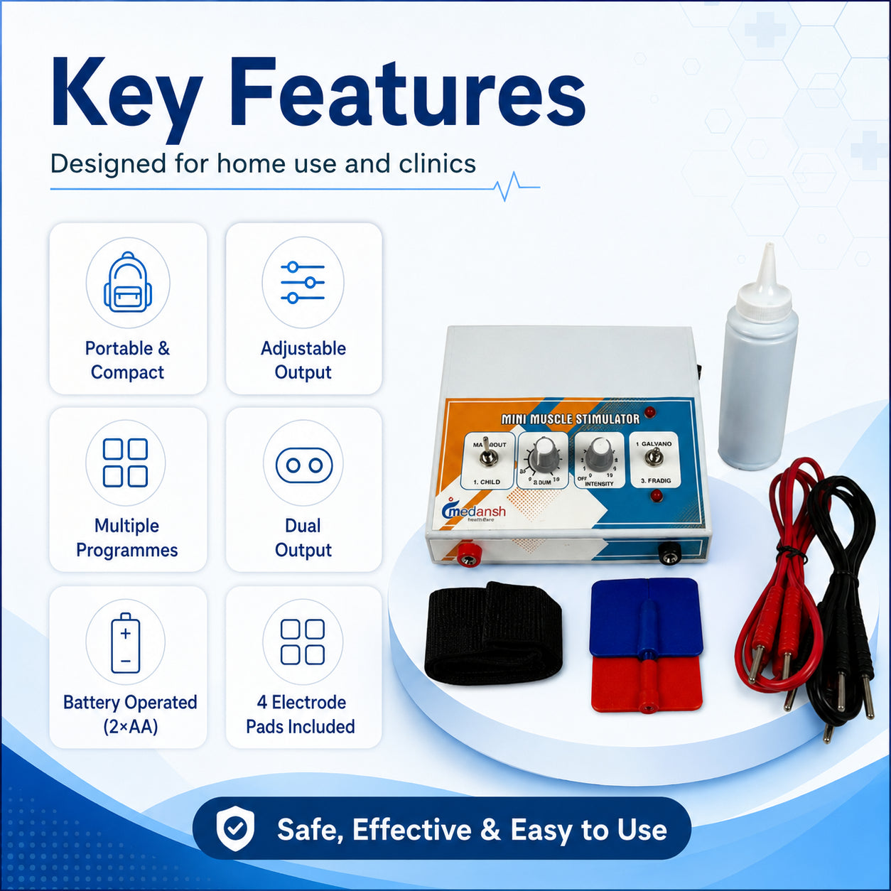 Medansh Muscle Stimulator key features – portable, adjustable output, multiple programmes, dual output, battery operated, 4 electrode pads