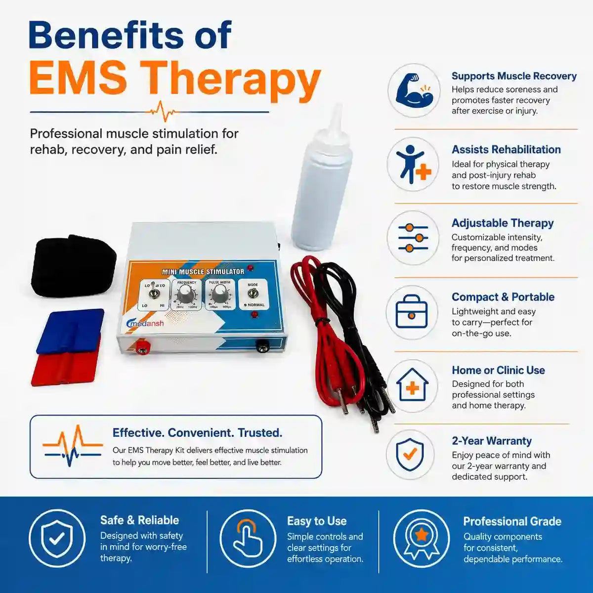 Benefits of EMS therapy with 2-year warranty muscle stimulator – muscle recovery rehabilitation adjustable portable home clinic