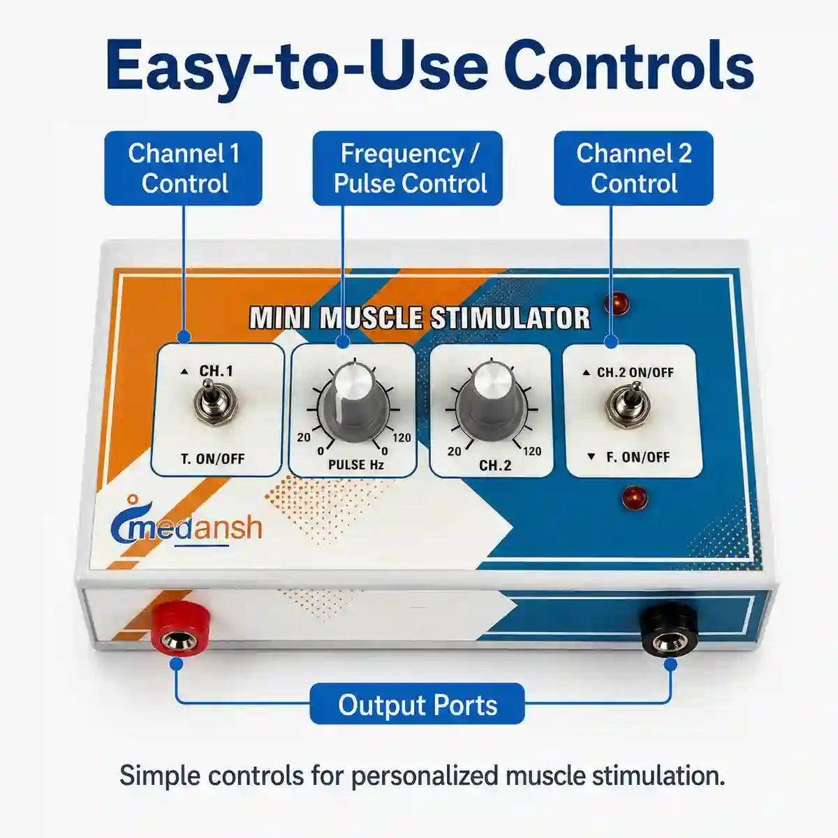Muscle stimulator 2-year warranty controls – CH1 intensity pulse frequency CH2 intensity dual output ports