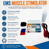 EMS Muscle Stimulator 2-year warranty feature highlights – dual channel adjustable intensity rehabilitation nerve stimulation portable