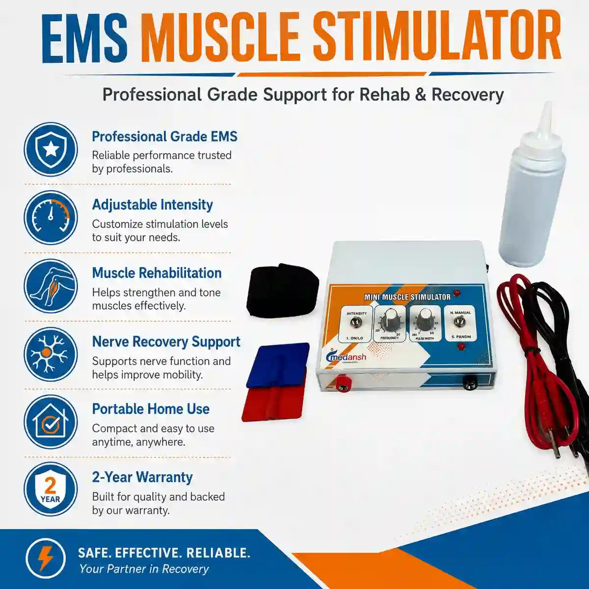 EMS Muscle Stimulator 2-year warranty feature highlights – dual channel adjustable intensity rehabilitation nerve stimulation portable