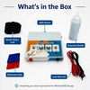 Professional EMS muscle stimulator what's in the box – device elastic strap electrode pads lead wire accessory bottle