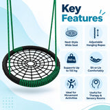 nest swing key features including wide seat, adjustable ropes, 150 kg weight capacity and comfortable sitting or lying support