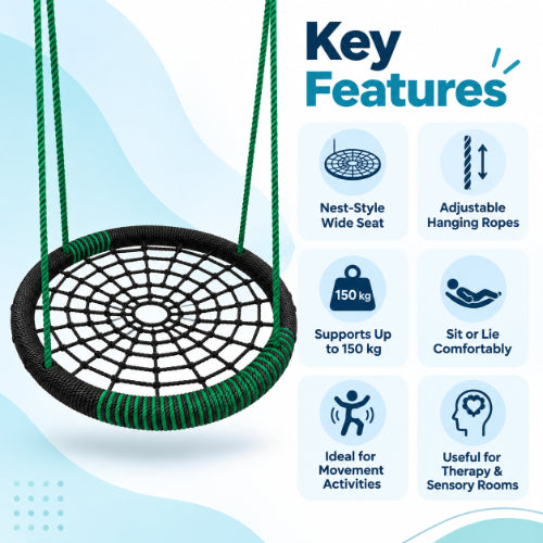 nest swing key features including wide seat, adjustable ropes, 150 kg weight capacity and comfortable sitting or lying support