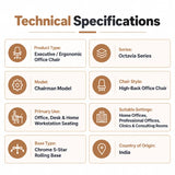 octavia series ergonomic office chair technical specifications showing chairman model, high-back design, chrome 5-star rolling base and suitability for office, home and consultation rooms