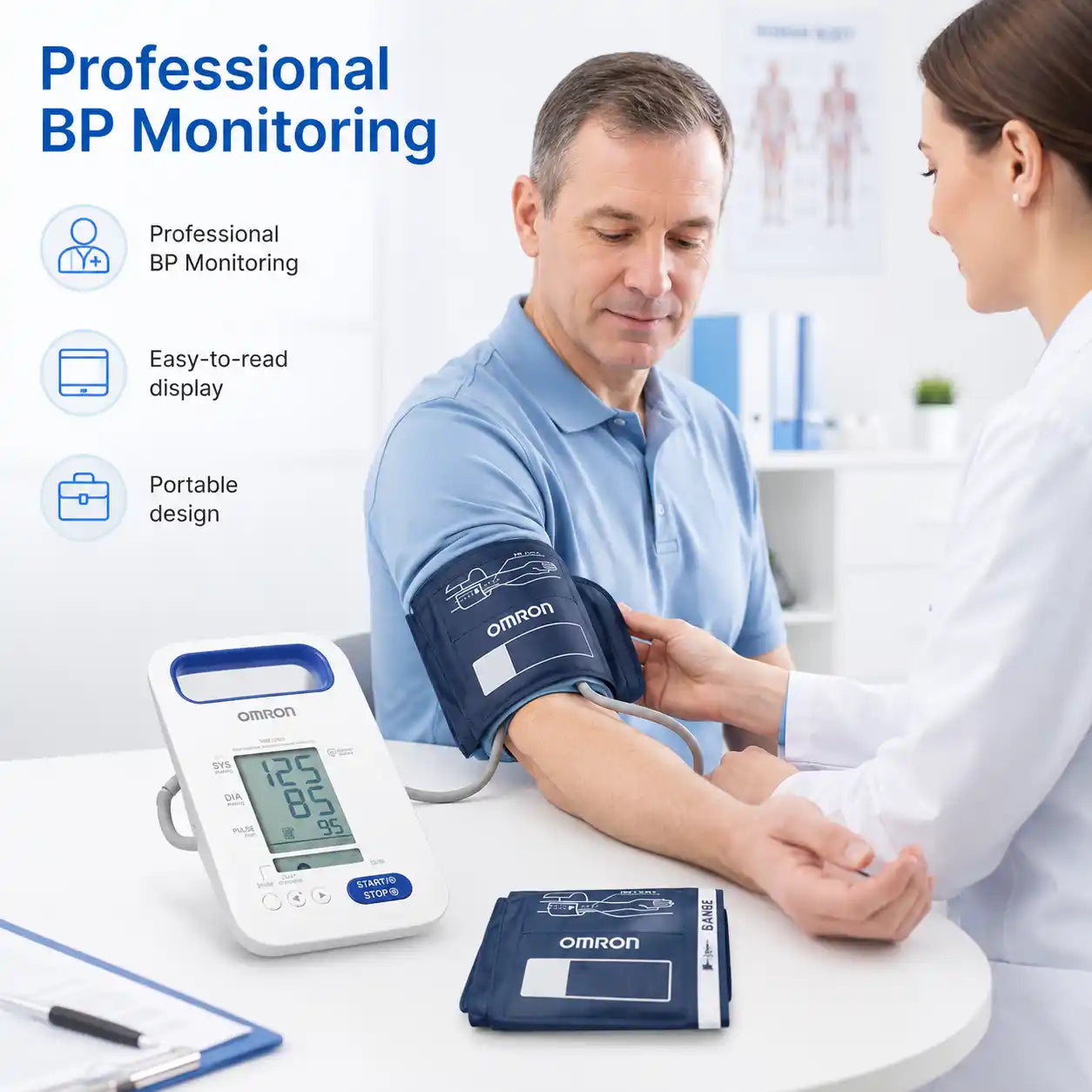 Omron HBP-1320 professional blood pressure monitor used by a healthcare professional in a clinical setting