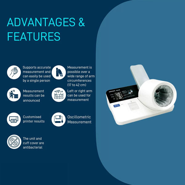 Omron HBP-9030 professional blood pressure monitor infographic showing measurement and printer features