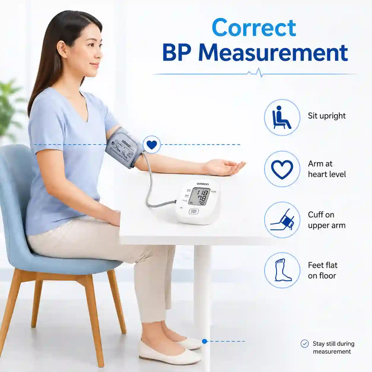 Correct blood pressure measurement using Omron HEM-7121J with proper sitting posture and upper arm cuff placement
