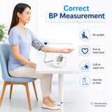 Correct blood pressure measurement using Omron HEM-7121J with proper sitting posture and upper arm cuff placement