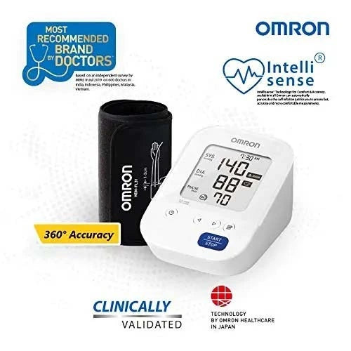 Omron HEM-7156 blood pressure monitor infographic showing IntelliSense and 360° IntelliWrap cuff accuracy