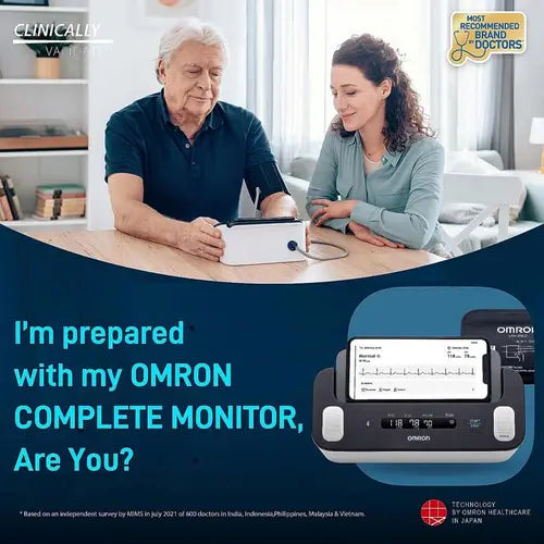 Omron HEM-7530T blood pressure and ECG monitor used for home heart health monitoring