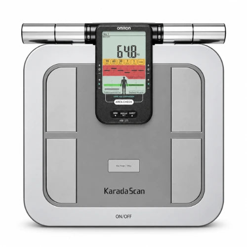 omron hbf-375 karada scan body composition monitor with handheld sensors and digital display for full body analysis