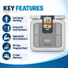 omron hbf-375 key features including full-body sensing, 8 hand and foot sensors, segmental fat and muscle measurement, 90-day progress chart and 4-user memory