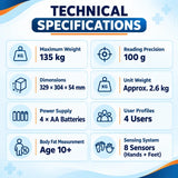 omron hbf-375 technical specifications showing 135 kg maximum weight, 100 g precision, 4 user profiles and 8 hand and foot sensors