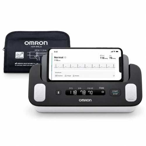 omron hem-7530t blood pressure monitor with ecg function, upper arm cuff, smartphone display and bluetooth connectivity
