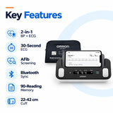omron hem-7530t key features including 2-in-1 bp and ecg monitoring, 30 second ecg, afib screening support, bluetooth sync and 90 reading memory