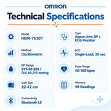 omron hem-7530t technical specifications showing upper arm bp and ecg monitoring, oscillometric method, 30 second single lead ecg, 22–42 cm cuff and 90 reading memory