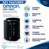 omron hem-7600t key features including tubeless design, bluetooth sync, intelliwrap cuff, 100-reading memory, irregular heartbeat alert and body movement detection