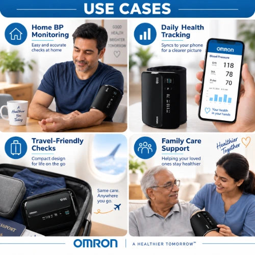 omron hem-7600t use cases for home blood pressure monitoring, daily health tracking, travel-friendly checks and family care support