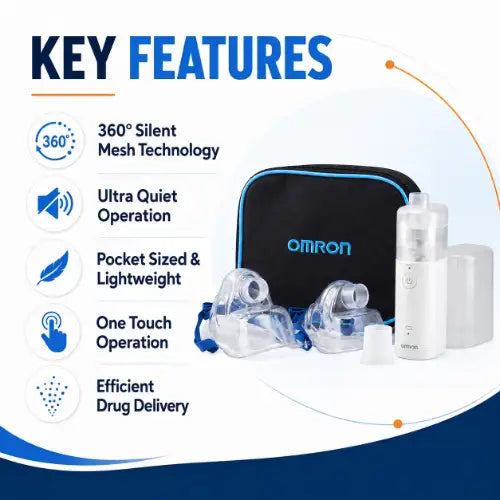 omron portable mesh nebulizer key features with ultra quiet operation one touch use and efficient drug delivery