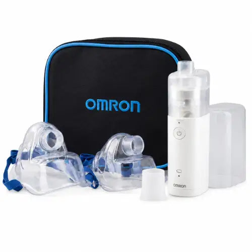 omron portable mesh nebulizer with adult mask child mask mouthpiece and carrying case